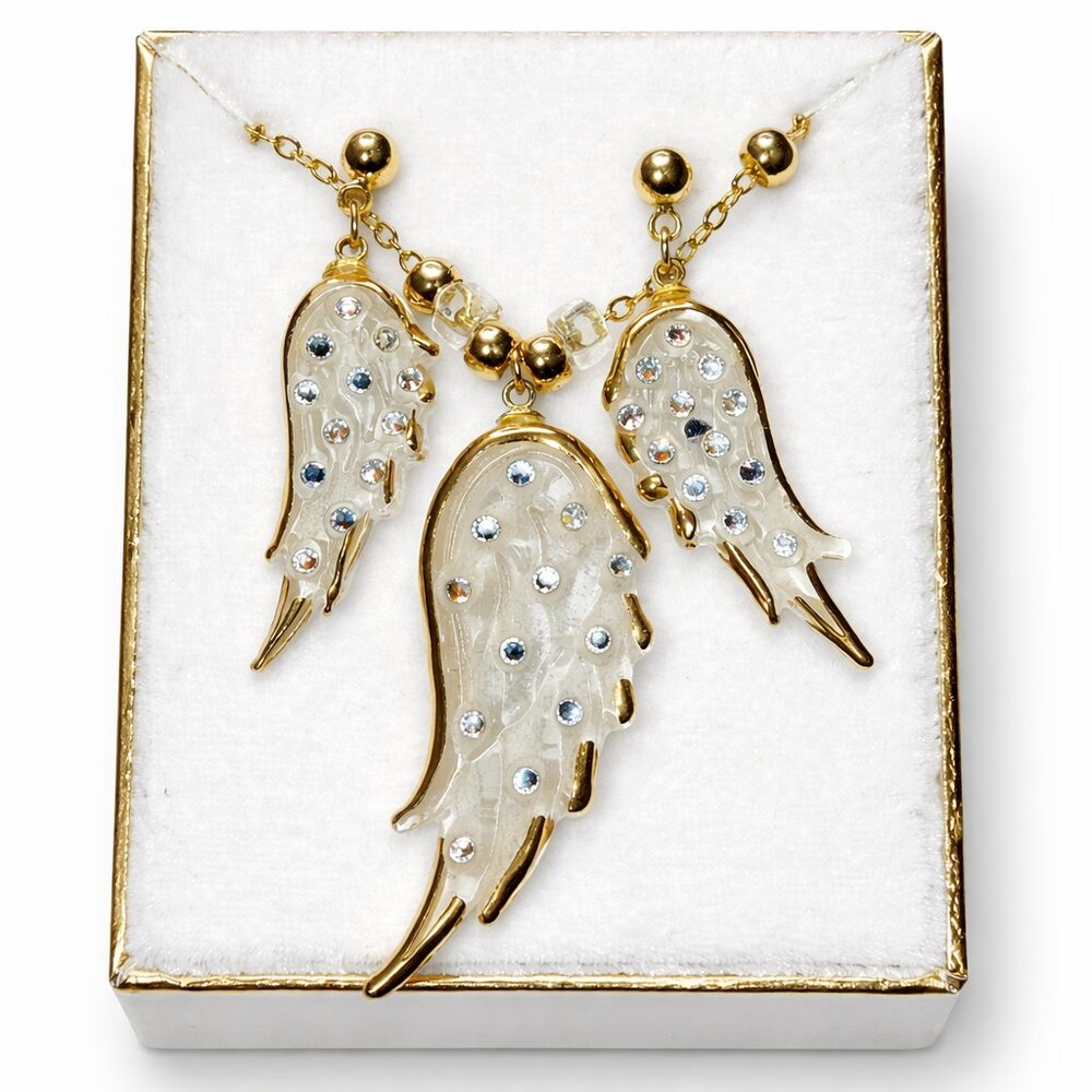 Angel Wing Necklace  Genuine Crystals  22KT Gold Accents Necklace and Earrings S